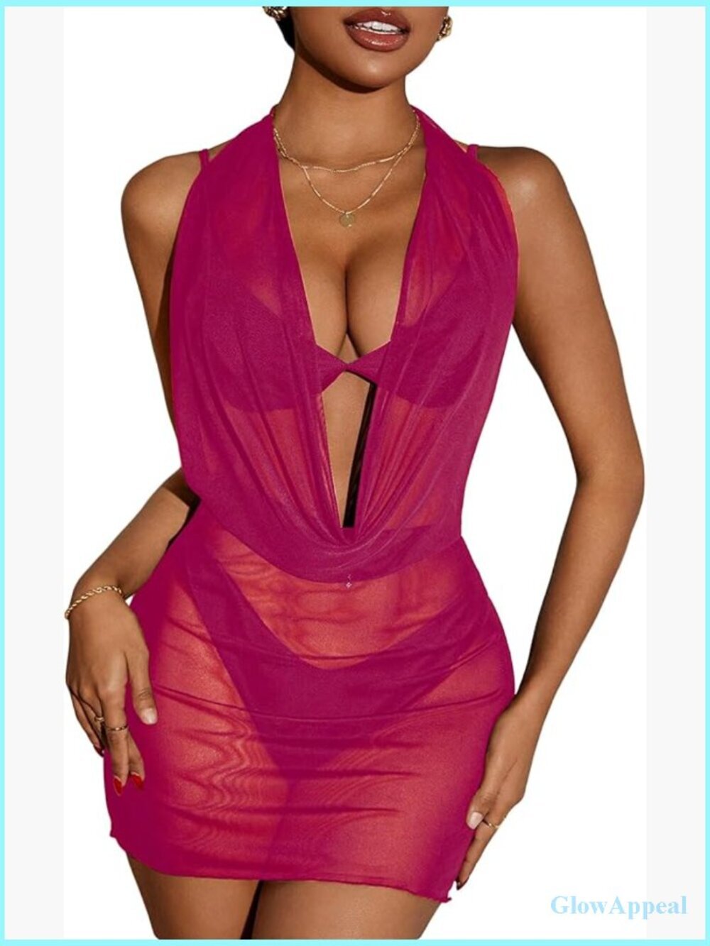 Draped Halter Sheer Mesh Beach Dress Backless Sleeveless Mini Swimsuit Cover Up